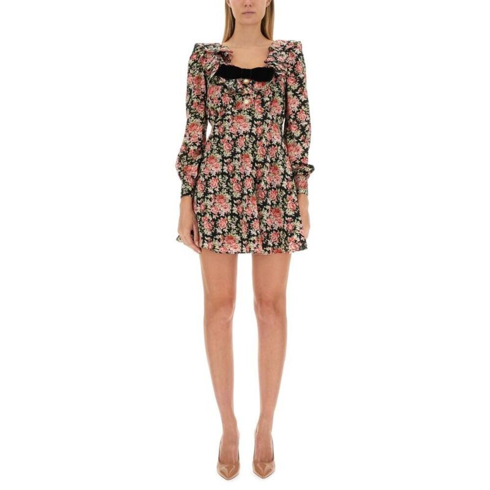 ALESSANDRA RICH Floral Print Ruffled Neck Mini Dress Women BLACK Dresses